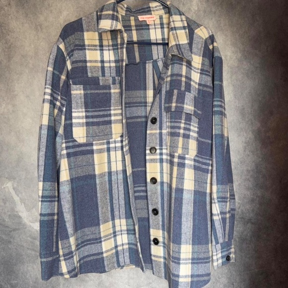 Blue and white cream plaid button-up jacket shirt sz M - Picture 2 of 3